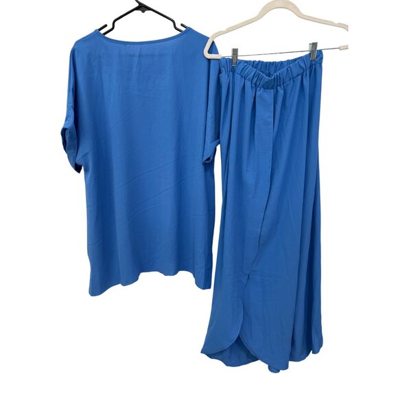Lagenlook Sky Blue 2-Piece Pant Tunic Set Size 3XL Flowy Wide Leg Short Sleeve - Picture 2 of 5